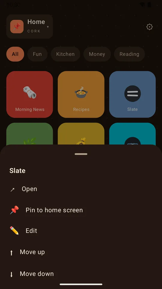 A tile's actions: open, pin to home screen, edit, move, delete