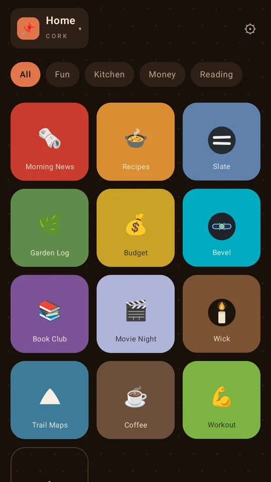 A Cork board of colour-coded link and app tiles with category chips