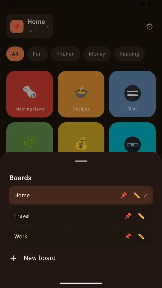 The board list: Home, Travel and Work, each with pin and edit actions