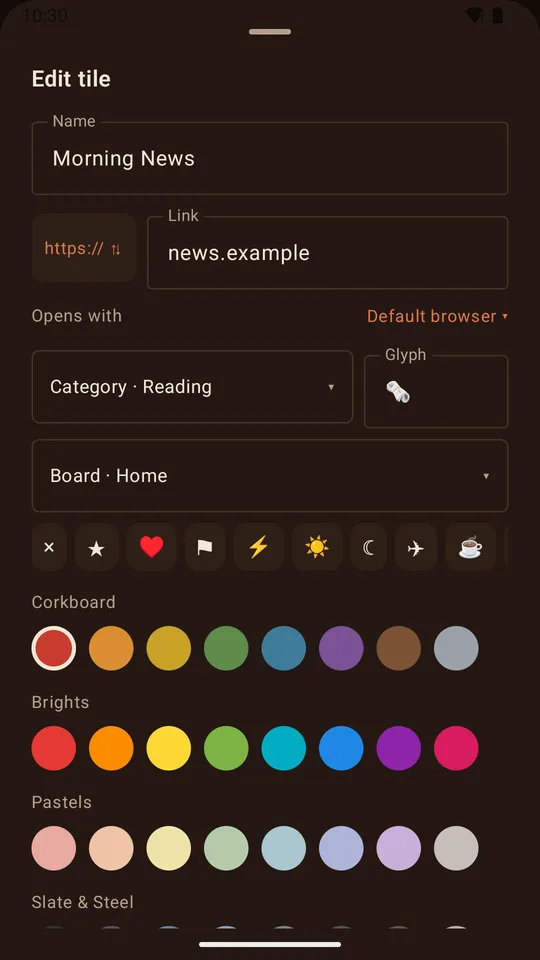 The tile editor: name, link, colour, category, symbol and board