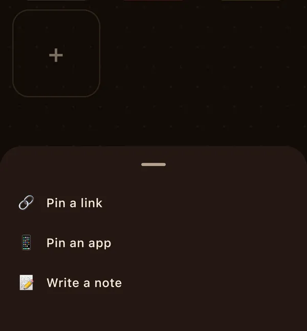 Cork's menu after tapping the plus card: Pin a link, Pin an app, Write a note