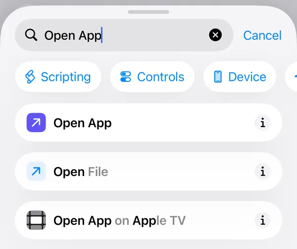 The Shortcuts app with Open App typed in Search Actions and the Open App action at the top