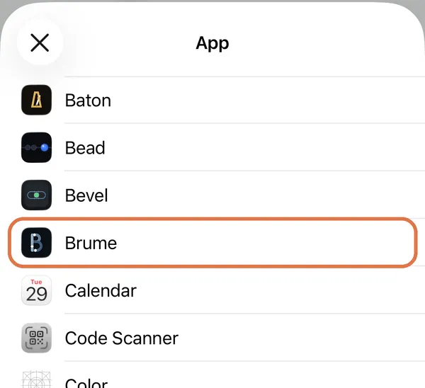 The Shortcuts app list with Brume circled