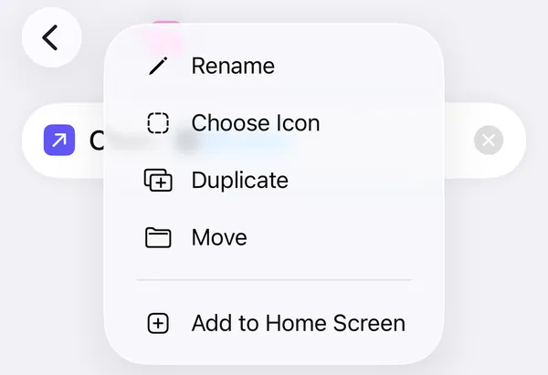 The shortcut's menu with Rename at the top