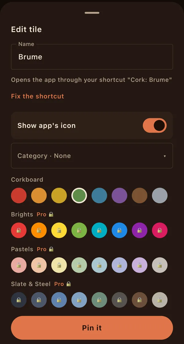Cork's Edit tile sheet for Brume, which opens the app through the shortcut Cork: Brume, with a Pin it button