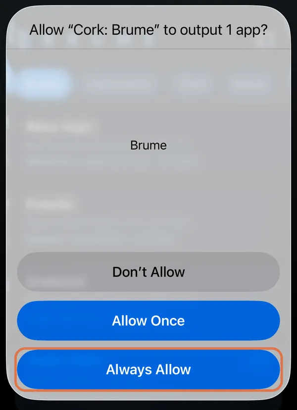 iPhone asking Allow Cork: Brume to output 1 app, with Don't Allow, Allow Once and Always Allow, and Always Allow circled