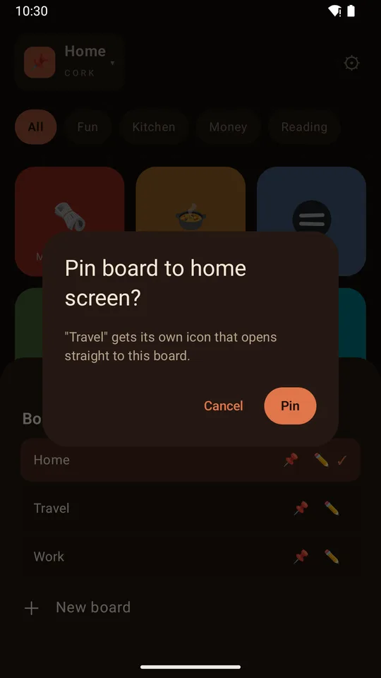 Pinning a whole board to the home screen with one confirmation